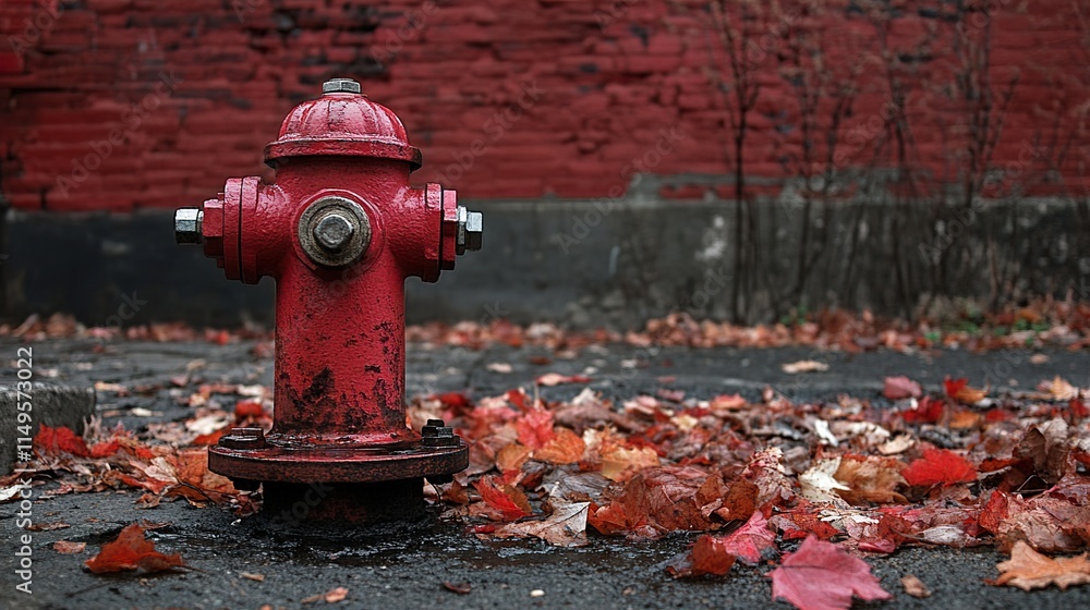 Red Fire Hydrant in Autumn Setting Red Fire Hydrant in Autumn Setting