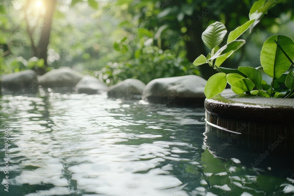 Fototapeta premium Tranquil Nature Retreat with Serene Water Pool Surrounded by Lush Greenery and Stones, Inviting Calmness and Relaxation in an Outdoor Setting