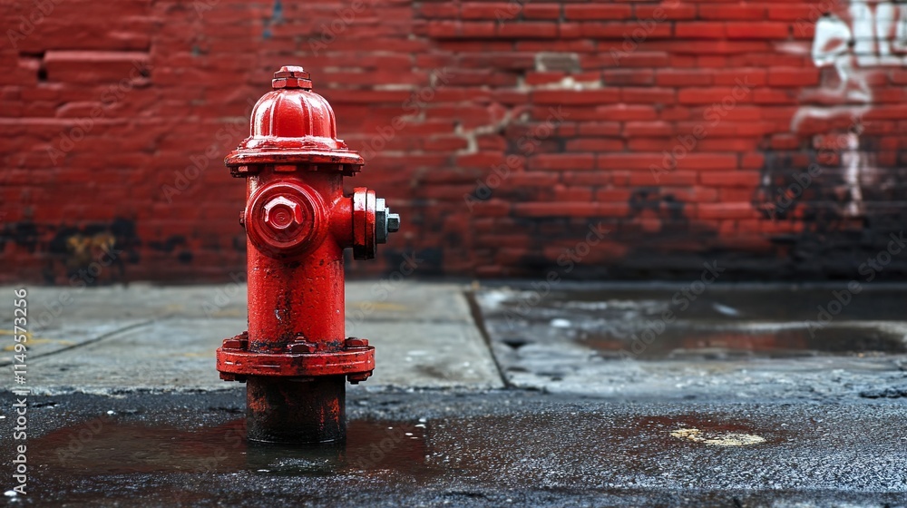 Red Fire Hydrant Against Brick Wall Red Fire Hydrant Against Brick Wall