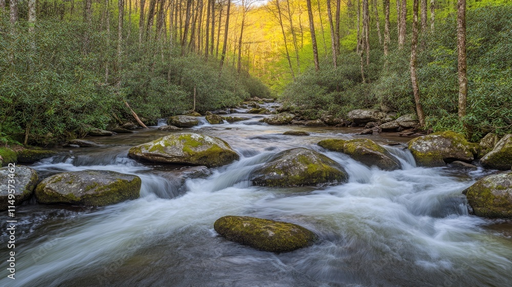 Fototapeta premium Clear spring river winding through a vibrant forest, surrounded by mossy rocks and sunlight-dappled trees.