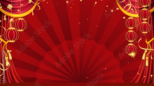 Red curtains realistic illustration.Theater fabric silk decoration for movie cinema or opera hall. Curtains and draperies interior decoration object for theater stage and new year chinese