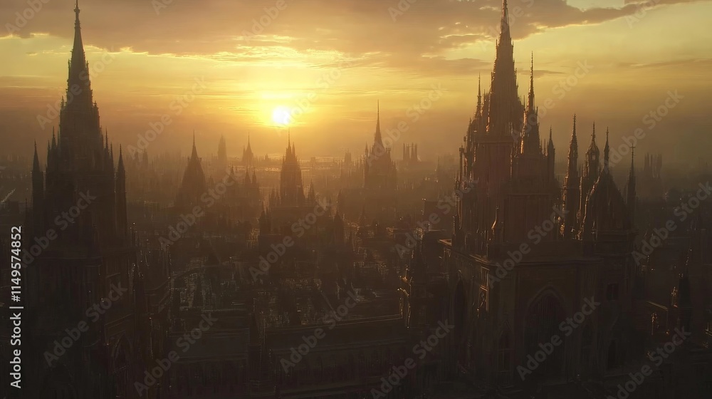 Obraz premium Magical Sunset Over Kingdom with Silhouetted Castles