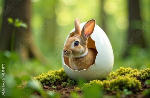 Easter bunny in a shell house in the forest surrounded by colorful eggs photo