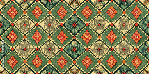 Colorful geometric pattern with floral motifs in green, orange, and yellow tones.