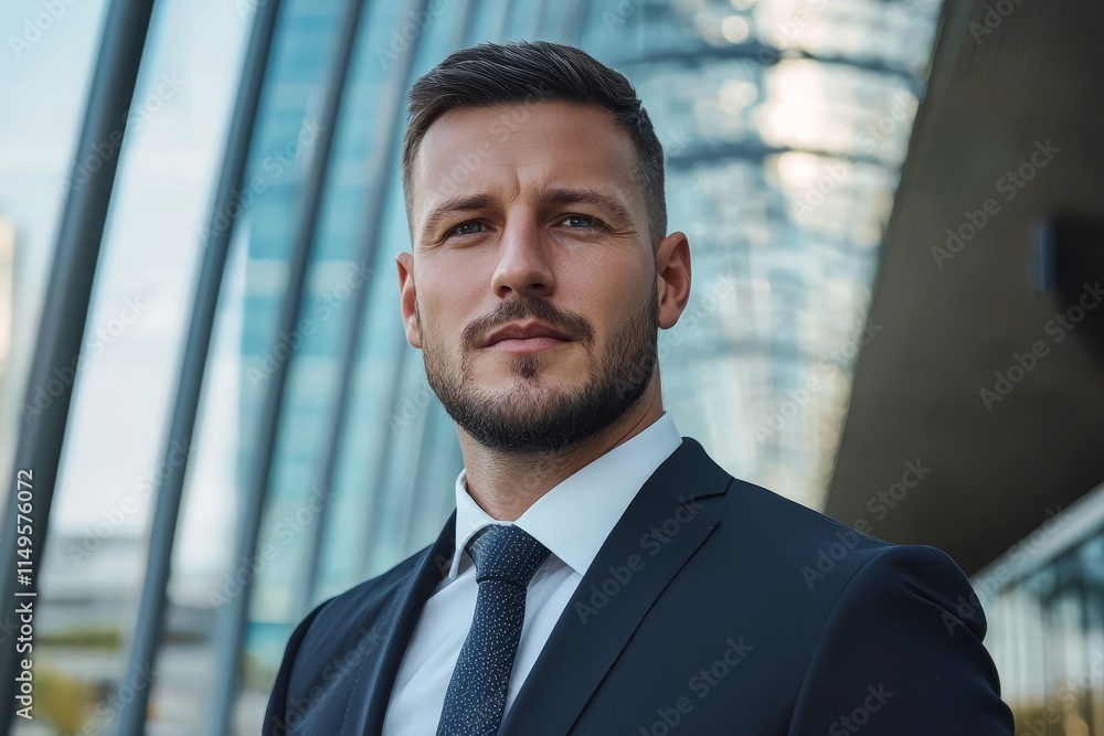 Professional business man in formal suit poses confidently in modern urban environment with glass architecture and bright sunlight illuminating his features. Professional business man in formal suit poses confidently in modern urban environment with glass architecture and bright sunlight illuminating his features.