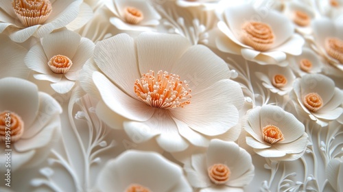 Close-up of delicate, creamy white paper flowers with peach centers, arranged in a dense, artistic pattern.