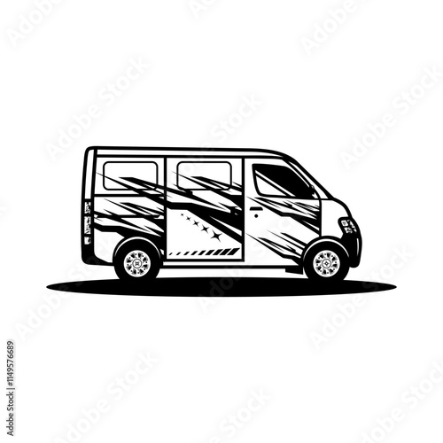 cool van side view black and white vector line art
