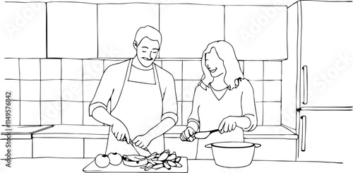 A Couple Cooking A Meal Together In The Kitchen Continuous One Line Art Drawing Illustration