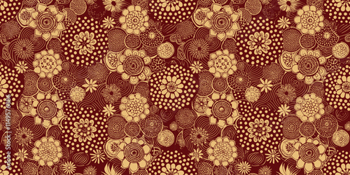 Intricate floral pattern in maroon and gold tones, perfect for textile design.