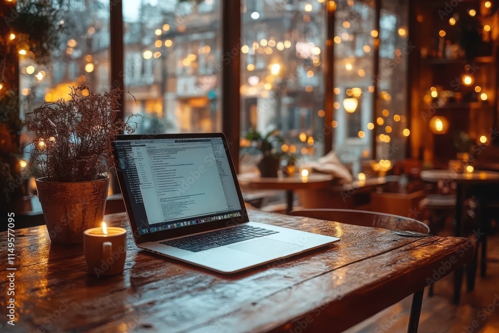 Cozy Workspace with Laptop and Candlelight Ambiance Cozy Workspace with Laptop and Candlelight Ambiance