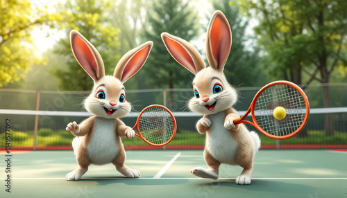 Two rabbits are playing tennis on a court photo