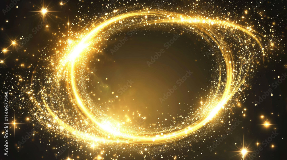 Gold bokeh circle with glitter light on black background. Abstract golden ring glow shine with flare frame. Neon yellow bling line trail texture with magic glossy swirl and blur backdrop design Gold bokeh circle with glitter light on black background. Abstract golden ring glow shine with flare frame. Neon yellow bling line trail texture with magic glossy swirl and blur backdrop design