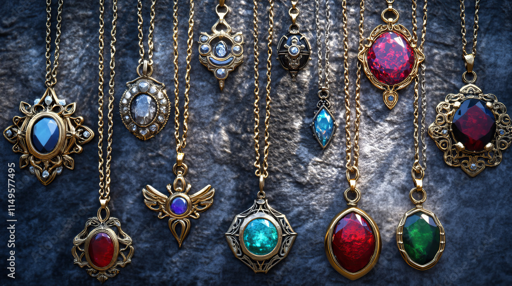 Cartoon set of precious necklaces isolated on background. Vector illustration of golden, silver, iron chains decorated with color gemstones. Medieval royal treasure, witchcraft accessory, game assets Cartoon set of precious necklaces isolated on background. Vector illustration of golden, silver, iron chains decorated with color gemstones. Medieval royal treasure, witchcraft accessory, game assets
