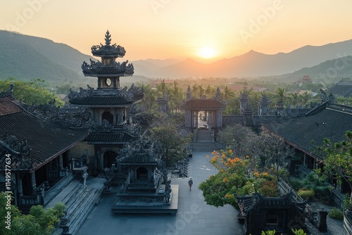 Pura Besakih temple on the slopes of Mount Agung largest and holiest temple at sunset photo