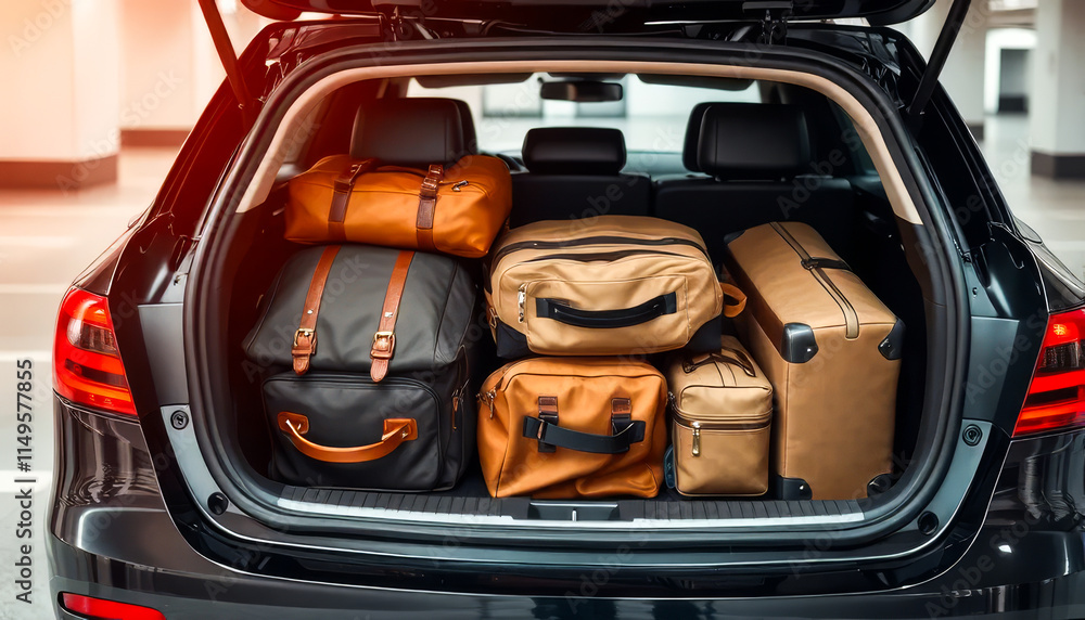Black car trunk is full of luggage Black car trunk is full of luggage
