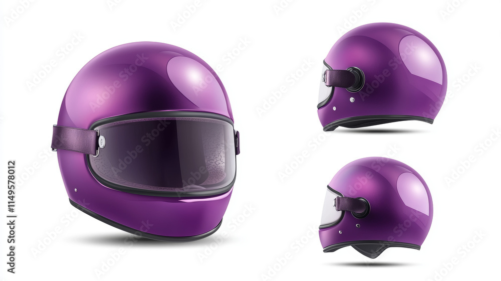 Motorcycle helmet for moto race and ride on scooter. Vector realistic illustration of 3d retro purple helmet with visor and glasses in front, back and angle view isolated on white background Motorcycle helmet for moto race and ride on scooter. Vector realistic illustration of 3d retro purple helmet with visor and glasses in front, back and angle view isolated on white background