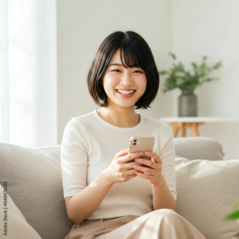 Young Japanese Woman Relaxing on a Sofa While Using a Smartphone: A Lifestyle Scene of Comfort and Technology Young Japanese Woman Relaxing on a Sofa While Using a Smartphone: A Lifestyle Scene of Comfort and Technology