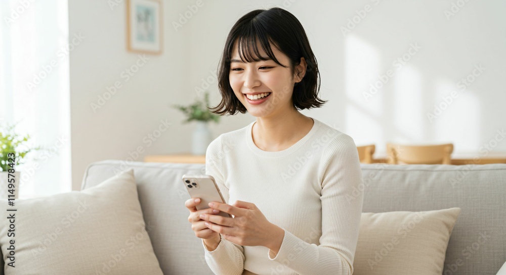 Young Japanese Woman Relaxing on a Sofa While Using a Smartphone: A Lifestyle Scene of Comfort and Technology Young Japanese Woman Relaxing on a Sofa While Using a Smartphone: A Lifestyle Scene of Comfort and Technology