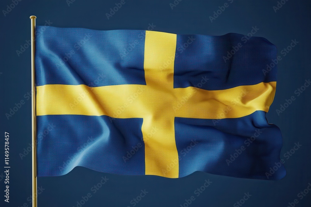 A Stunning Close-Up of the Swedish Flag, Waving Proudly on a Flagpole Against a Deep Blue Background A Stunning Close-Up of the Swedish Flag, Waving Proudly on a Flagpole Against a Deep Blue Background