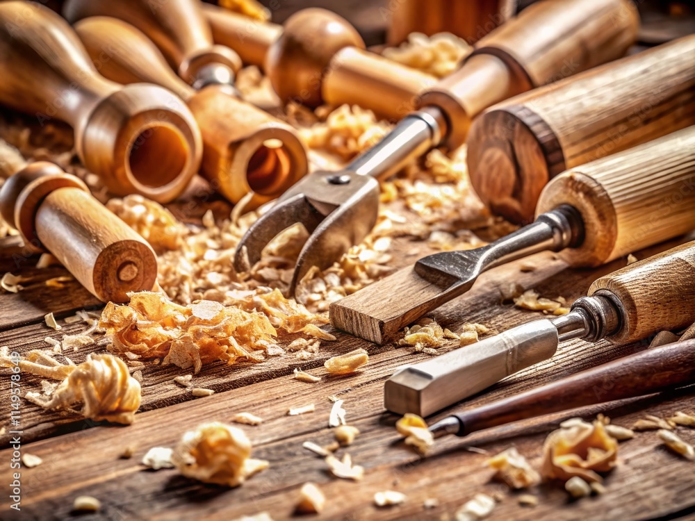 Rustic Wood Carving Tools & Sawdust: Craftsmanship Close-Up Rustic Wood Carving Tools & Sawdust: Craftsmanship Close-Up