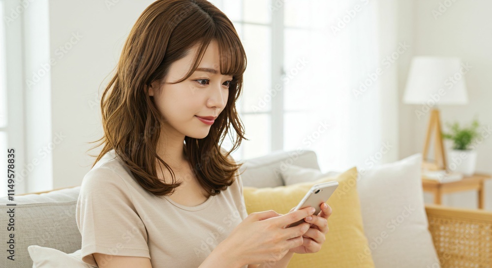 Modern Japanese Woman Using a Smartphone at Home: A Cozy Scene of Relaxation and Connection Modern Japanese Woman Using a Smartphone at Home: A Cozy Scene of Relaxation and Connection