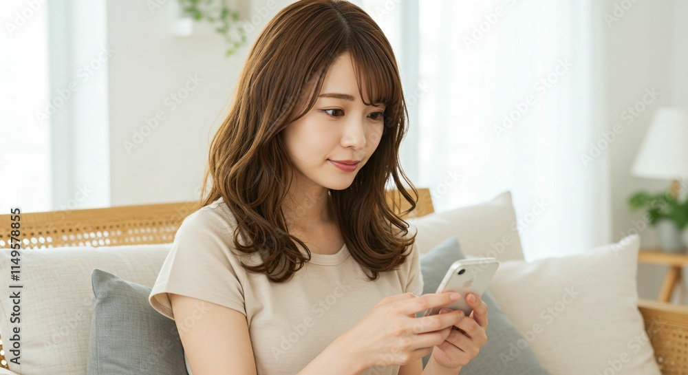 Young Japanese Woman Relaxing on a Sofa While Using a Smartphone: A Lifestyle Scene of Comfort and Technology Young Japanese Woman Relaxing on a Sofa While Using a Smartphone: A Lifestyle Scene of Comfort and Technology