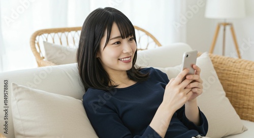 Wallpaper Mural Young Japanese Woman Relaxing on a Sofa While Using a Smartphone: A Lifestyle Scene of Comfort and Technology Torontodigital.ca