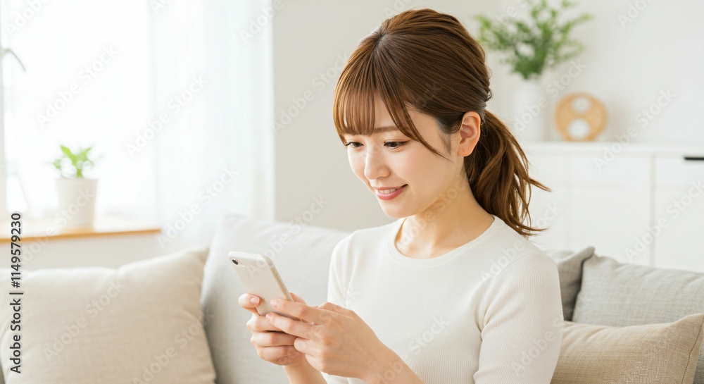 Young Japanese Woman Relaxing on a Sofa While Using a Smartphone: A Lifestyle Scene of Comfort and Technology Young Japanese Woman Relaxing on a Sofa While Using a Smartphone: A Lifestyle Scene of Comfort and Technology