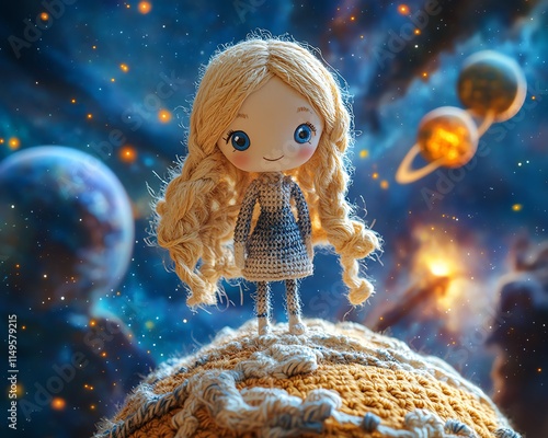 Crocheted doll with blonde hair standing proudly on a crocheted globe, surrounded by a cosmic space scene with nebulae and distant planets, ultradetailed, 8K photo