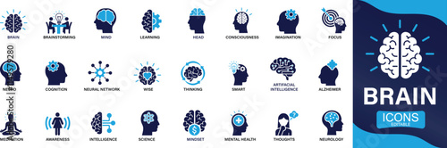 Brain icon set .mind, brainstorming, head, neuron, cognition, thinking, You can easily change the color.