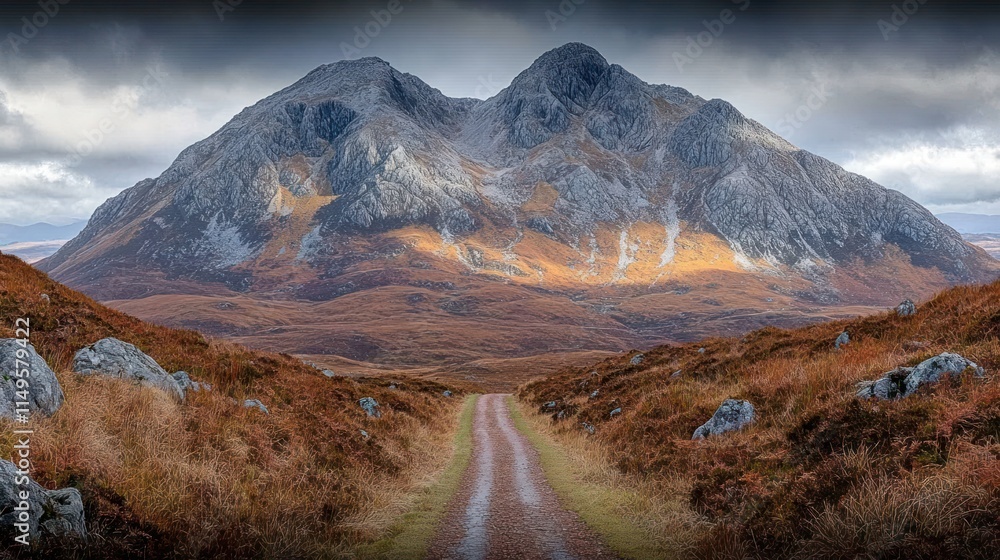 Obraz premium Scenic autumnal road leading to majestic mountains.