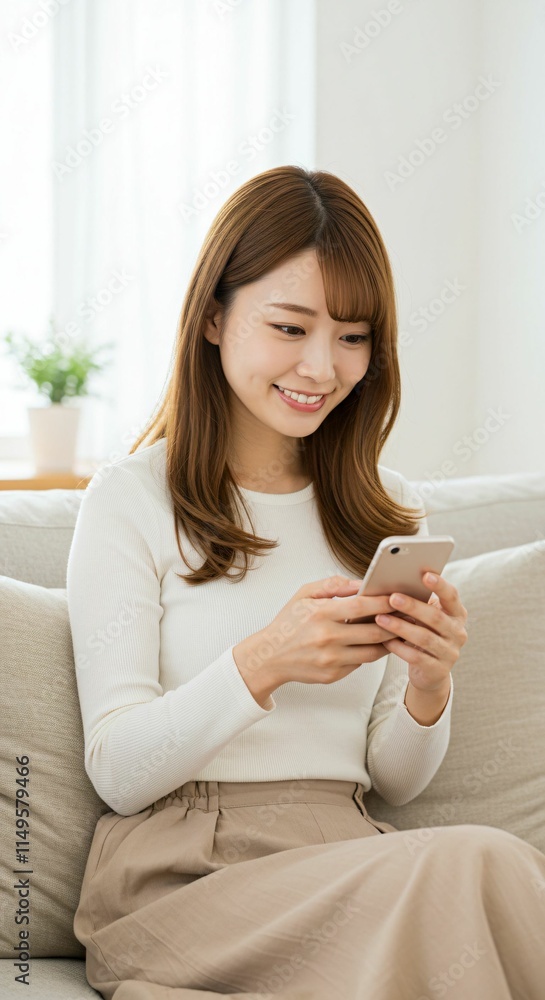 Modern Japanese Woman Using a Smartphone at Home: A Cozy Scene of Relaxation and Connection Modern Japanese Woman Using a Smartphone at Home: A Cozy Scene of Relaxation and Connection