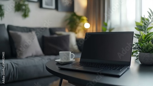 Wallpaper Mural Laptop on coffee table in modern living room. Torontodigital.ca