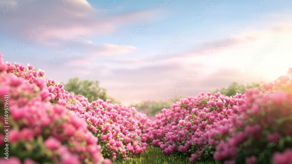 A serene landscape filled with vibrant pink flowers under a bright sky, creating a peaceful and picturesque natural scene. A serene landscape filled with vibrant pink flowers under a bright sky, creating a peaceful and picturesque natural scene.