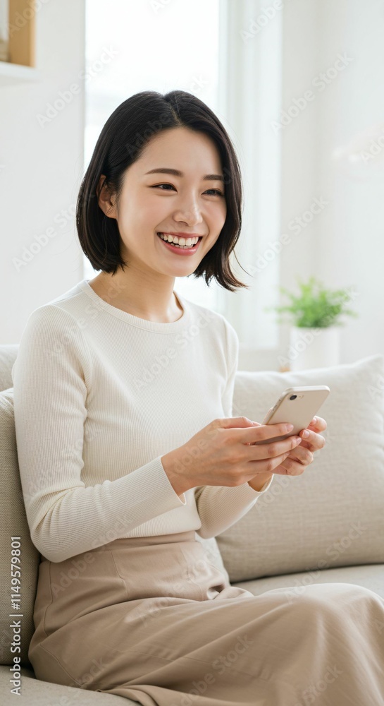 Modern Japanese Woman Using a Smartphone at Home: A Cozy Scene of Relaxation and Connection Modern Japanese Woman Using a Smartphone at Home: A Cozy Scene of Relaxation and Connection