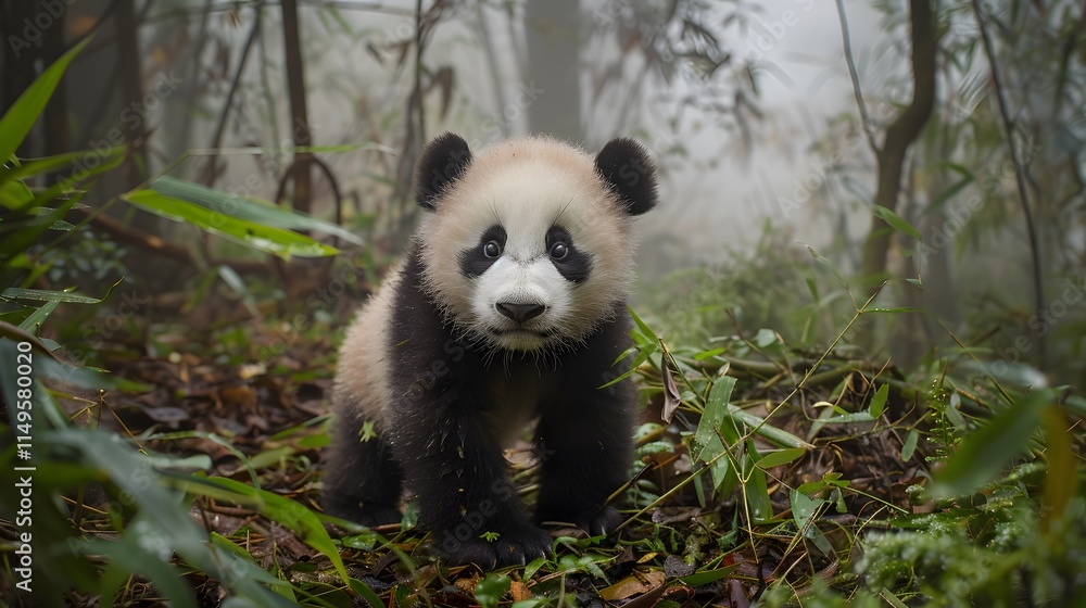 Fototapeta premium Adorable Baby Panda Exploring a Misty Bamboo Forest Landscape
