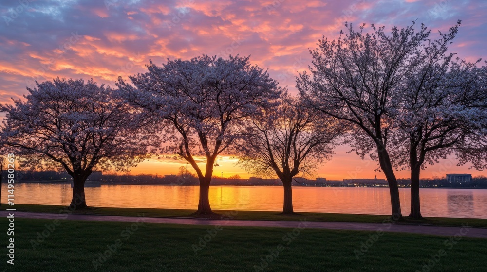Serene Sunset View with Silhouetted Cherry Trees Serene Sunset View with Silhouetted Cherry Trees