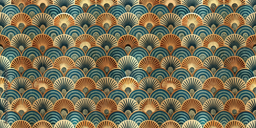 Elegant pattern of artful fans in rich colors, perfect for stylish textile designs.