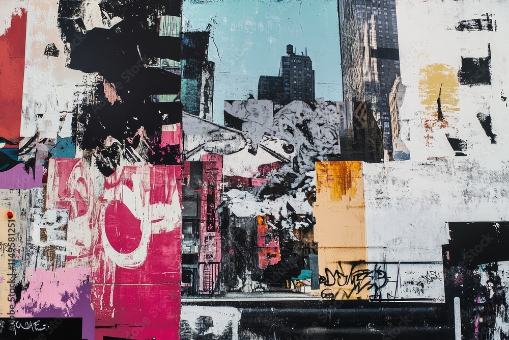 Fototapeta premium Vibrant urban collage featuring striking street art graffiti and captivating cityscape visuals