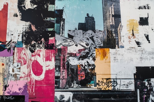 Fototapeta Naklejka Na Ścianę i Meble -  Vibrant urban collage featuring striking street art graffiti and captivating cityscape visuals