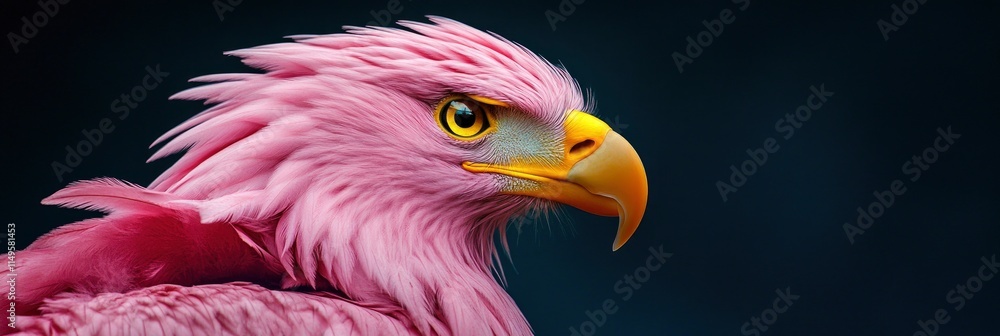 Obraz premium A pink feathered eagle with yellow eyes on blur background
