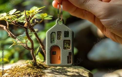 A hand grasping an eco house keychain, featuring a small house design, crafted from sustainable resources, set against a greenthemed background, 8K photo