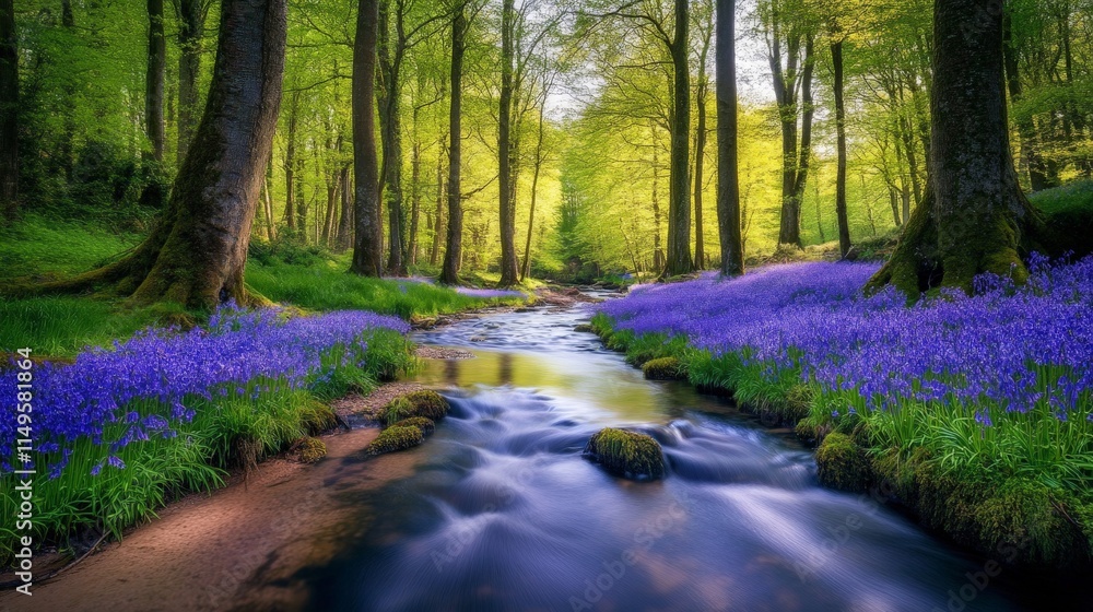 Obraz premium Serene View of a Stream Flowing Through Lush Forest