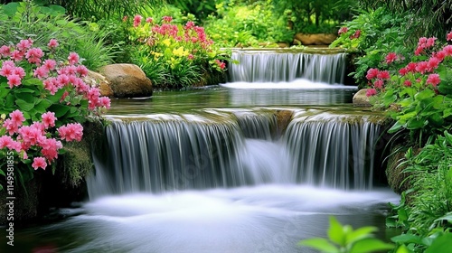 Serene Stream Flowing Through Lush Forest with Wildflowers