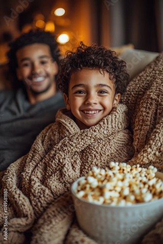 Cozy family movie night at home brings smiles and popcorn to the living room photo