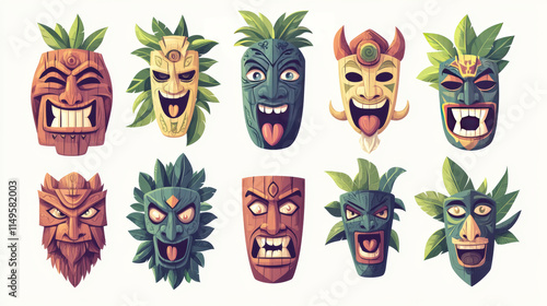 Traditional Hawaiian totem tiki mask collection. Cartoon vector illustration set of wooden tribal culture statue head with tropical leaves decorations. Face emotions with eyes, teeth and tongue. photo