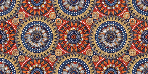 Vibrant geometric pattern featuring intricate circular designs in warm colors.