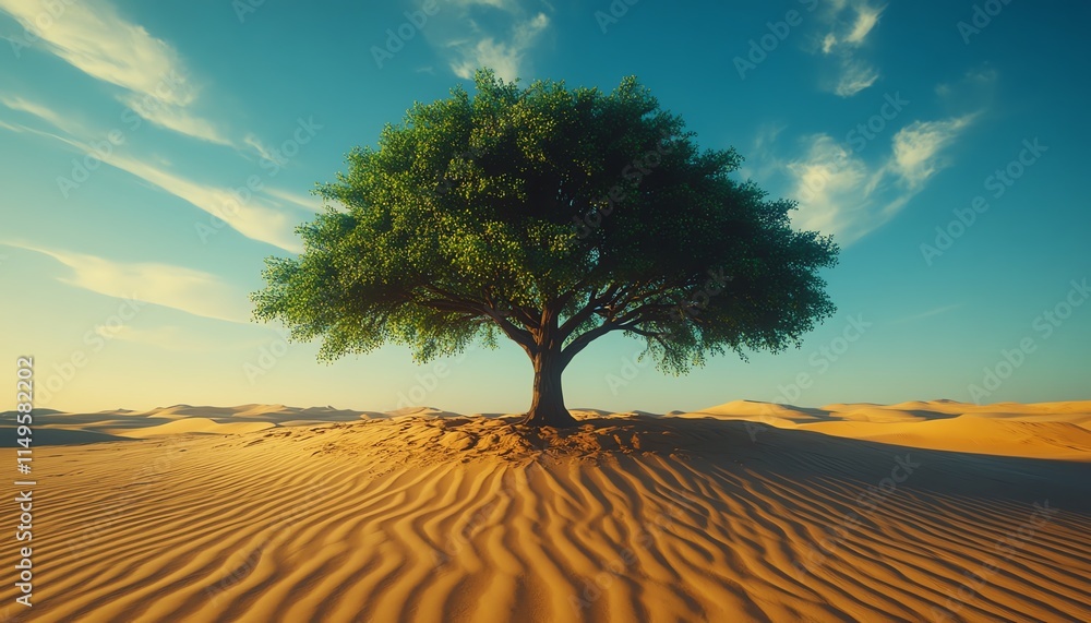 A lush green tree at the heart of expansive desert sand dunes, symbolizing resilience and hope in the battle against climate change, ultrarealistic, 8K A lush green tree at the heart of expansive desert sand dunes, symbolizing resilience and hope in the battle against climate change, ultrarealistic, 8K