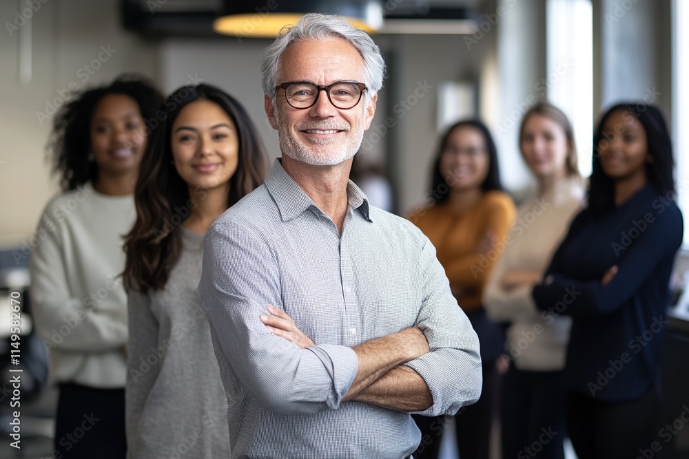 Confident Leader with Diverse Team Achieving Business Success Together Confident Leader with Diverse Team Achieving Business Success Together
