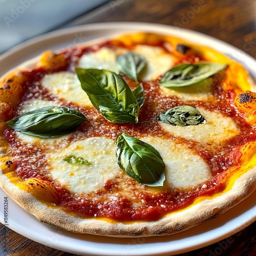 A classic and flavorful margherita pizza with fresh basil, mozzarella cheese, and a rich tomato sauce photo